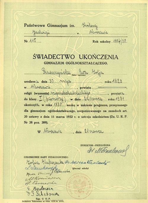 Świadectwo ukończenia przez Ewę Piaszczyńską Gimnazjum im. Królowej Jadwigi (awers). Warszawa, 1938 r. (z zasobu AIPN)