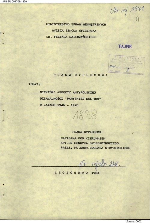 Praca dyplomowa dotycząca „Kultury” napisana w Wyższej Szkole Oficerskiej (z zasobu IPN)