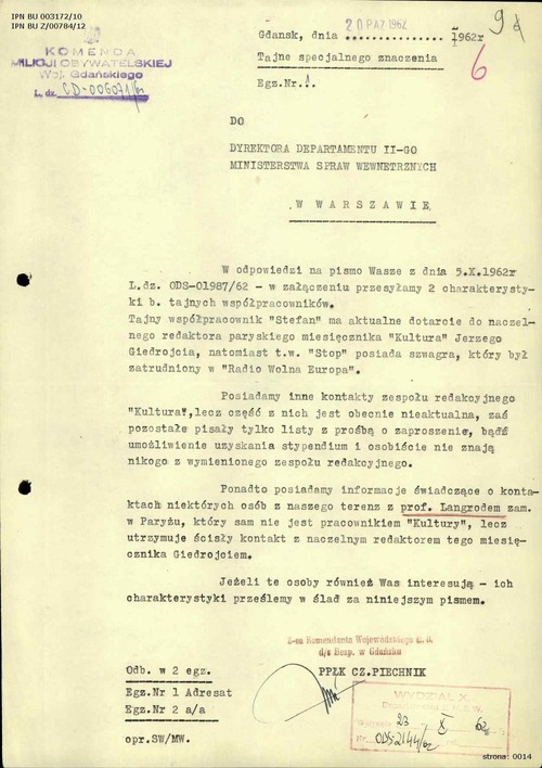 Pismo w sprawie obiektowej dotyczącej Radia Wolna Europa i paryskiego miesięcznika „Kultura” (z zasobu IPN)