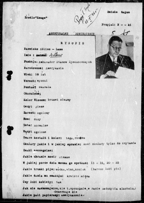 Doniesienie agenturalne dotyczące Arthura Bliss-Lane’a, styczeń 1946 r. (z zasobu AIPN)