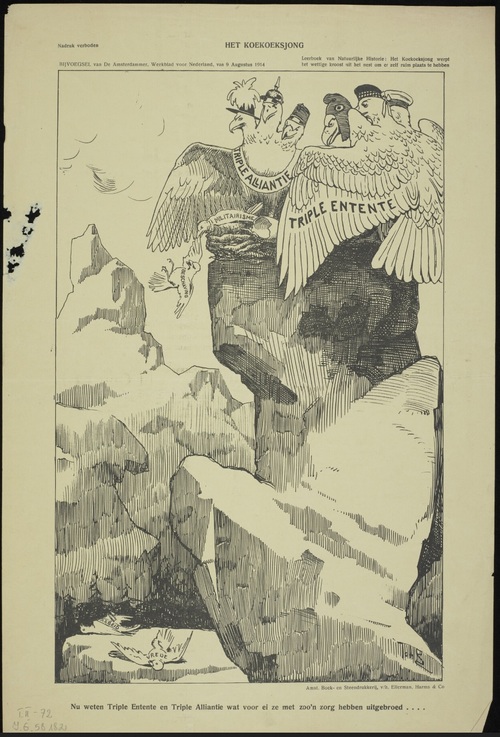 Rycina Johana Braakensieka przedstawiająca kraje Ententy i Trójprzymierza (ilustracja z dodatku do czasopisma „De Amsterdammer”, 9 sierpnia 1914, ze zbiorów Biblioteki Narodowej)