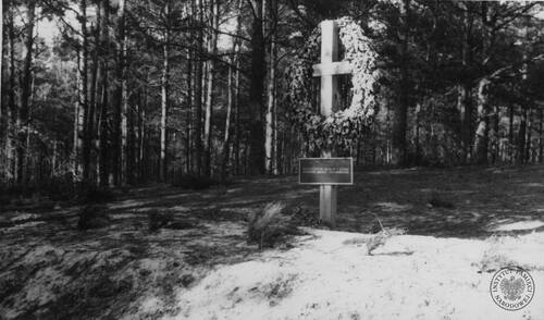 Drewniany krzyż ustawiony na miejscu egzekucji. Palmiry k. Warszawy, 1946 r. (fot. z zasobi AIPN)