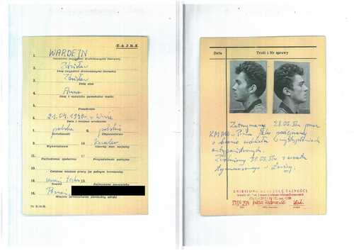 Karta ewidencyjna Zdzisława Wardejna z kartoteki dotyczącej zajść w wypadkach poznańskich w czerwcu 1956 roku (z zasobu AIPN)