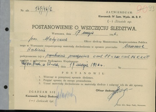 Postanowienie o wszczęciu śledztwa przeciwko Halinie Waszczuk z 17 maja 1946 roku