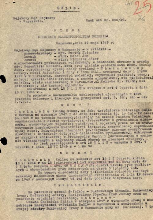 Odpis wyroku Wojskowego Sądu Rejonowego w Warszawie (strona pierwsza), 17 maja 1949 r. (z zasobu AIPN)