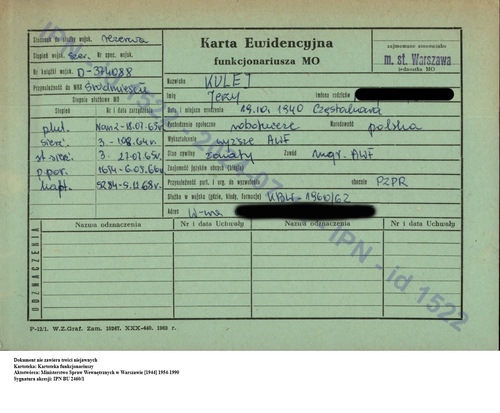 Karta ewidencyjna funkcjonariusza MO z kartoteki osobowej funkcjonariuszy i pracowników resortu spraw wewnętrznych (z zasobu IPN)