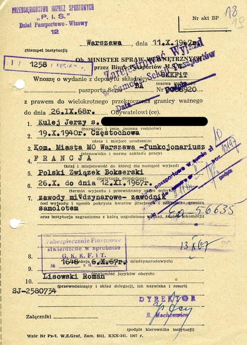 Wniosek paszportowy z dn. 11 X 1967 r. (z zasobu IPN)