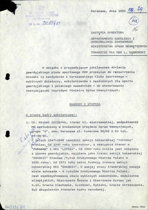 Pismo szefa Stołecznego Urzędu Spraw Wewnętrznych gen. Edwarda Kłosowskiego z 29 sierpnia 1985 roku w sprawie odznaczenia zasłużonych działaczy i szkoleniowców ruchu gwardyjskiego (z zasobu IPN)