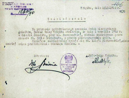 Zaświadczenie o zamordowaniu przez Niemców Zofii Brzozowskiej (ze zbiorów AIPN)