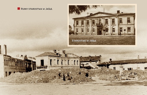Budynek starostwa w Jaśle i jego ruiny (ilustracja za „Biuletynem IPN” - nr 9/2023)