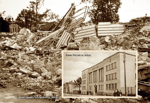 Budynek Banku Polskiego w Jaśle i jego ruiny (ilustracja za „Biuletynem IPN” - nr 9/2023)