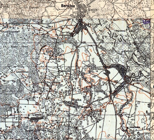 Południowa okolica miejscowości Bereźne, obejmująca m.in. wsie Lipniki, Białka i majątek Zurno (mapa WIG, 1927 i  1935)
