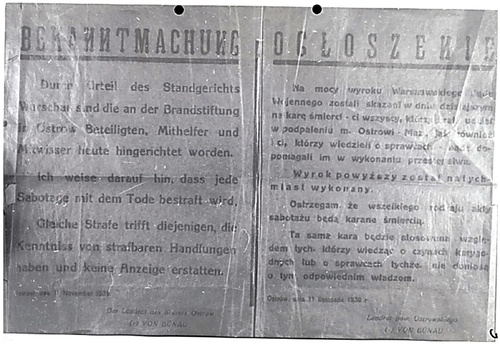 Ogłoszenie podpisane przez starostę von Bünau, potwierdzające jego rolę w zbrodni (fot. z zasobu IPN)