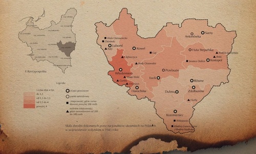 Mapa zbrodni dokonanych przez nacjonalistów ukraińskich na Polakach w województwie wołyńskim w 1943 roku (z wystawy gdańskiego oddziału IPN "Wołyń 1943"; autor: Agnieszka Gumińska, projekt graficzny: Bartłomiej Siwek)