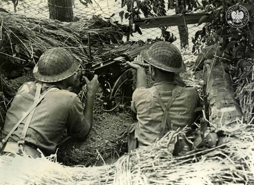 Polscy żołnierze piechoty na zamaskowanym stanowisku, obsługujący ciężki karabin maszynowy (7,69 mm Vickers Mk I na podstawie Mk IVB) – po lewej celowniczy, po prawej ładowniczy (trzymający taśmę z nabojami). Prawdopodobnie Ankona, lipiec 1944 roku