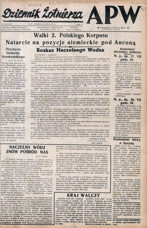 Pierwsza strona Dziennika Żołnierza APW z 18 lipca 1944 roku