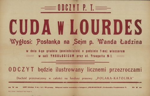 Afisz z informacją o odczycie posłanki Anny Ładziny (z zasobu Biblioteki Narodowej)