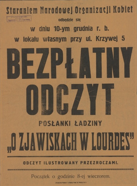 Afisz z informacją o odczycie posłanki Anny Ładziny (z zasobu Biblioteki Narodowej)