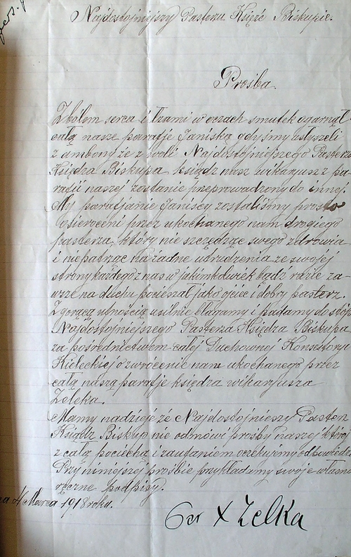 Prośba mieszkańców parafii Janina o pozostawienie księdza Zelka w parafii, 4 marca 1918 roku