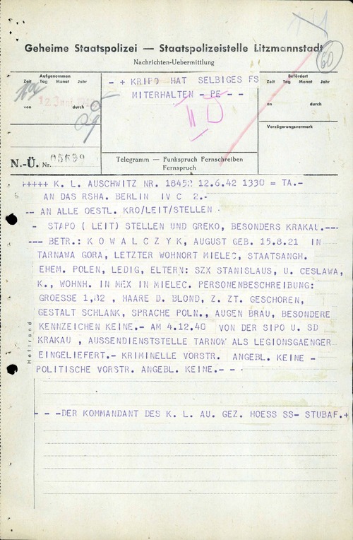 Telegram z KL Auschwitz dotyczący poszukiwań zbiegłego z obozu więźnia Augusta Kowalczyka