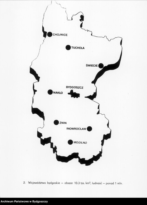 Poglądowa schematyczna mapa województwa bydgoskiego. Panorama Województwa Bydgoskiego. Fot. Z. Krakowiak, E. Pawłowski, W. Wieszok (z zasobu Archiwum Państwowego w Bydgoszczy)