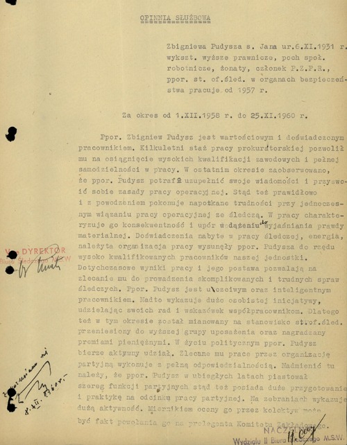 Opinia służbowa dotycząca Zbigniewa Pudysza z listopada 1960 roku