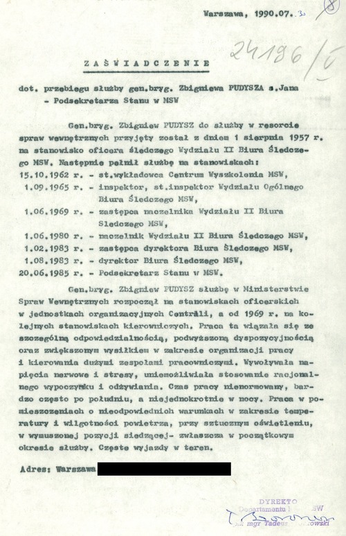 Zaświadczenie o przebiegu służby generała brygady Zbigniewa Pudysza, 30 lipca 1990 roku