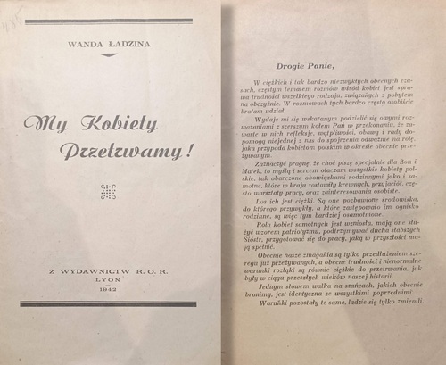 Przykładowe strony z książki Wandy Ładziny: My kobiety przetrwamy!, Lyon 1942 (z zasobu Biblioteki Narodowej)