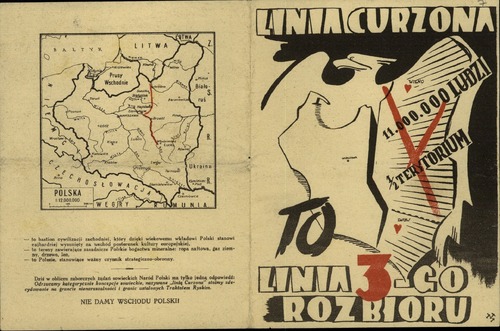 Okładka (ostatnia i pierwsza strona) polskiej ulotki wojennej <i>Linia Curzona to linia 3-go rozbioru</i>