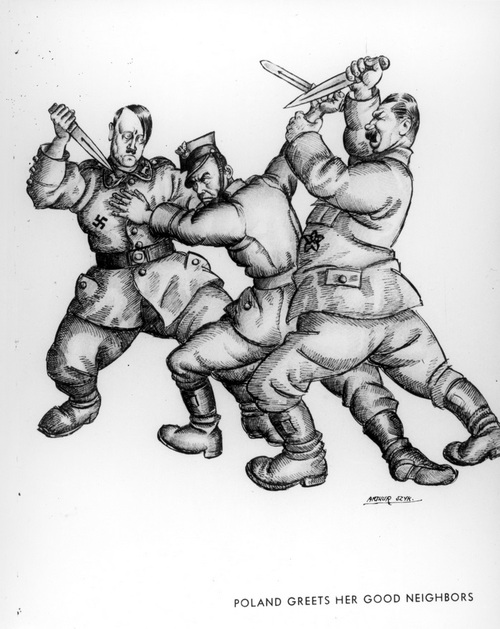 Fotokopia karykatury z okresu II wojny światowej autorstwa Artura Szyka ukazująca Adolfa Hitlera i Józefa Stalina atakujących żołnierza polskiego (ze zbiorów NAC)