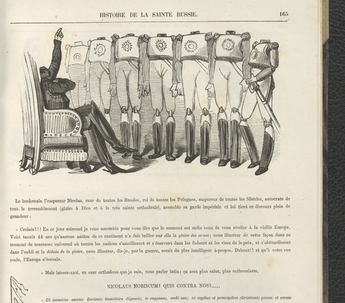 Gustave Doré, Karykatura z cyklu „Historia Świętej Rusi” przedstawiająca cara Mikołaja I i jego generałów. <i>Histoire pittoresque, dramatique et caricaturale de la Sainte Russie... ?</i>, 1854 (ze zbiorów Biblioteki Narodowej)