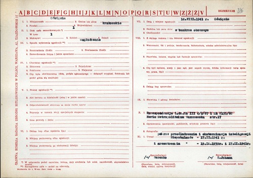 Dokument dotyczący okoliczności śmierci o. Maksymiliana Kolbego – pierwsza strona. Informacja podana w formularzu nie jest do końca ścisła. Akta pochodzą ze zbioru ankiet Głównej Komisji Badania Zbrodni Hitlerowskich w Polsce dot. województwa krakowskiego, przeprowadzonych w latach 1968–1972. Ze zbiorów IPN