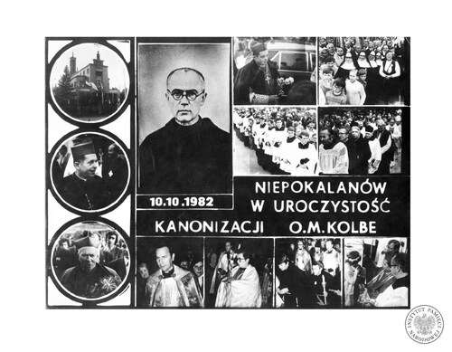 Okolicznościowa karta pocztowa z napisem: „Niepokalanów w uroczystość kanonizacji o. M[aksymiliana] Kolbe 10.10.1982”, zawierająca portret świętego oraz 11 zdjęć z przedstawionego wydarzenia. Fot. z zasobu IPN
