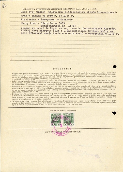 Wniosek Franciszka Gajowniczka o wydanie paszportu na okoliczność wyjazdu do Rzymu w związku z kanonizacją bł. Maksymiliana Kolbego – czwarta strona. W dodatkowym komentarzu Gajowniczek pisze o uratowaniu go przez o. Maksymiliana i o tym, że włoscy franciszkanie zamierzają nakręcić film o nowym świętym. Ze zbiorów IPN