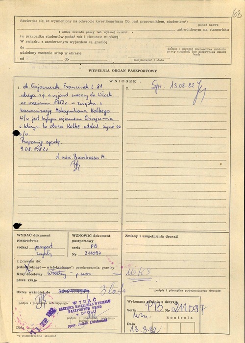 Wniosek Franciszka Gajowniczka o wydanie paszportu na okoliczność wyjazdu do Rzymu w związku z kanonizacją bł. Maksymiliana Kolbego – trzecia strona. Wniosek rozpatrzono pozytywnie, o czym świadczy pieczęć i podpis zastępcy naczelnika Wydziału Paszportów KW MO w Opolu, ppor. Juliana Dziekańskiego. 13 sierpnia 1982 r. Ze zbiorów IPN