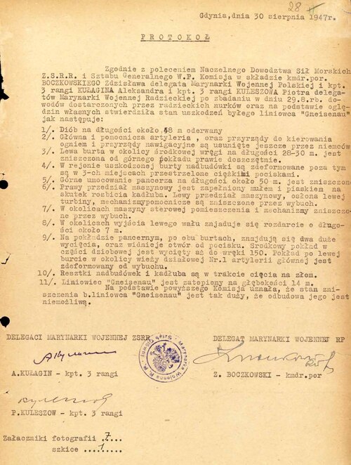 Protokół z oględzin wraku okrętu „Gneisenau” z 30 sierpnia 1947 r. (z zasobu AIPN)