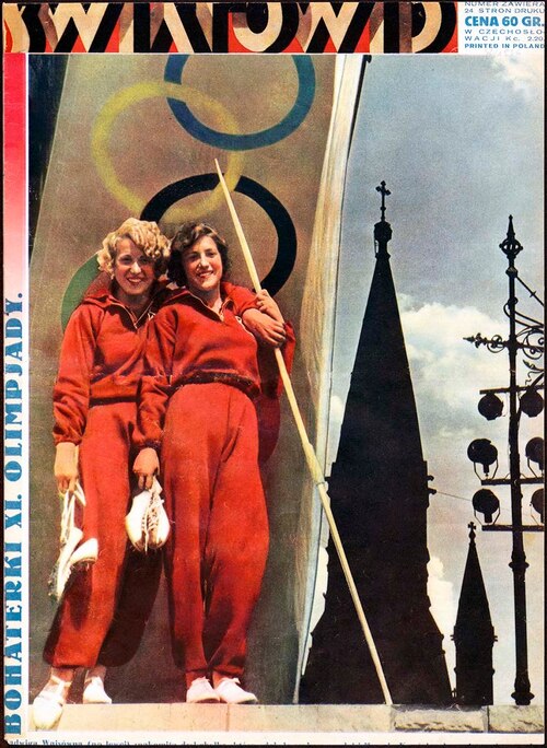 Maria Kwaśniewska z Jadwigą Wajsówną – bohaterki XI Olimpiady na okładce ilustrowanego tygodnika społeczno-kulturalnego „Światowid” (domena publiczna)