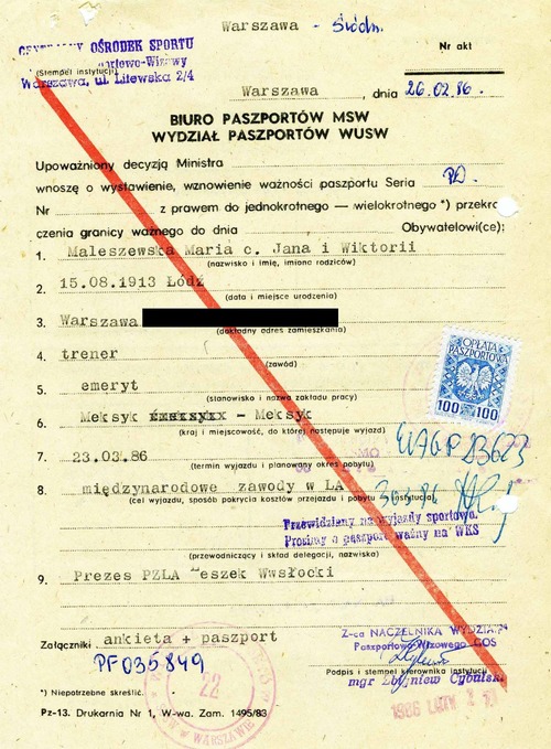 Wniosek o wydanie Marii Maleszewskiej paszportu na wyjazd do Meksyku. Warszawa, 26 lutego 1986 r. (z zasobu AIPN)