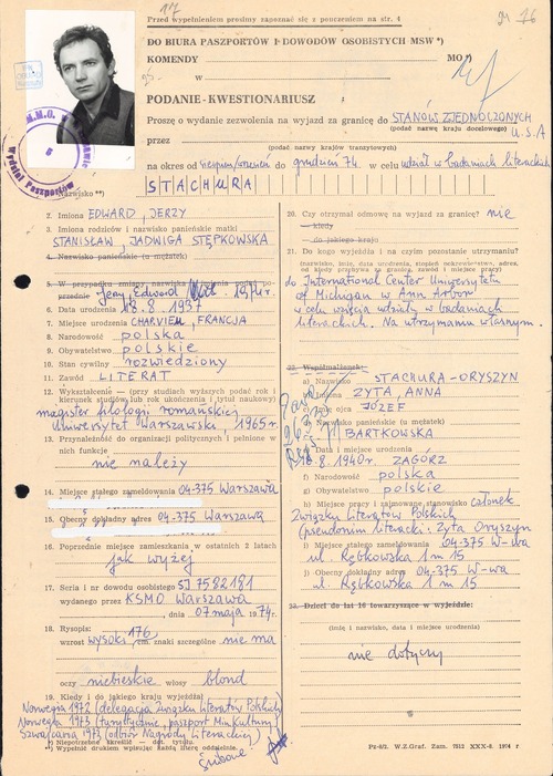 Wniosek paszportowy Edwarda Stachury, 15 lipca 1974 r. (z zasobu AIPN)