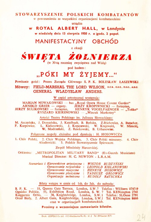 Druk ulotny informujący o obchodach Święta Żołnierza, organizowanych przez Stowarzyszenie Polskich Kombatantów w Londynie w 1950 r. w „30-tą rocznicę zwycięstwa nad Wisłą”. Oryginał dokumentu znajduje się w Instytucie Józefa Piłsudskiego w Ameryce (z zasobu AIPN)