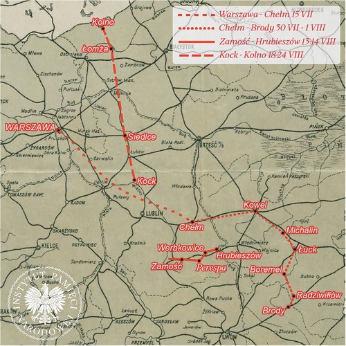 Mapa z przypuszczalną marszrutą sztabu gen. Josepha Jeana Bernarda z 15 lipca 1920 r. oraz z poszczególnymi etapami szlaku bojowego mjr. Charles’a de Gaulle’a. Oprac. AIPN