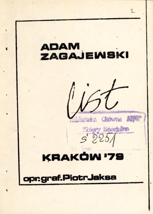 Adam Zagajewski, „List”, Krakowska Oficyna Studentów 1979, strona tytułowa (z zasobu AIPN)