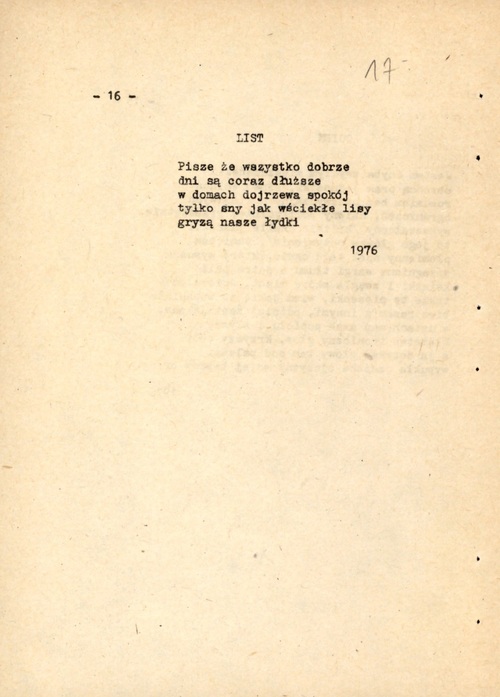 Adam Zagajewski, „List”, Krakowska Oficyna Studentów 1979, strona z wierszem „List” (z zasobu AIPN) — kopia