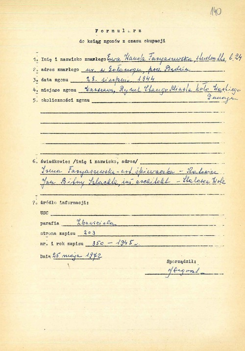 Formularz do ksiąg zgonów z okresu okupacji dotyczący Ewy Faryaszewskiej. Parafia Zbawiciela w Śródmieściu. Źródło informacji: USC Warszawa Śródmieście Parafia Zbawiciela Zapis nr 350 z 1945 r. (z zasobu AIPN)