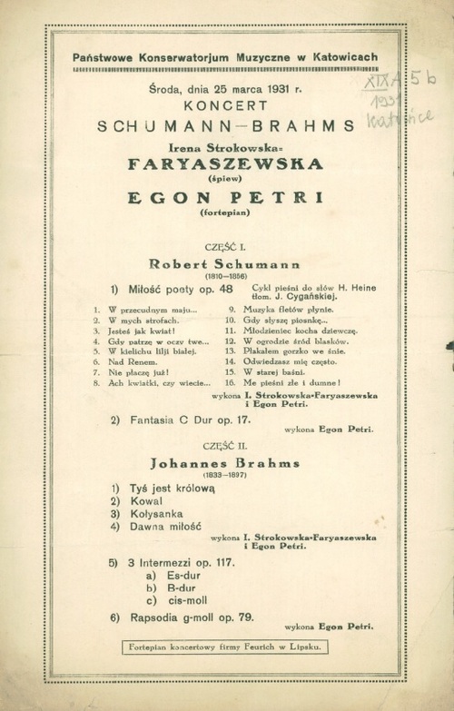 Afisz informujący o koncercie Ireny Strokowskiej-Faryaszewskiej (matki Ewy), 1931 r. (z zasobu Biblioteki Narodowej)