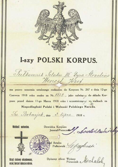 Dokument upoważaniający Józefa Wencla do noszenia znaku za numerem 1129, przyznanego rozkazem Korpusu Nr. 267 z dnia 12 czerwca 1918, 23 lipca 1918 r. (z zasobu AIPN)