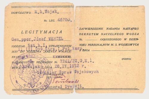 Legitymacja upoważniająca Józefa Wencla do noszenia odznaczenia ,,Krzyż Walecznych”, 28 kwietnia 1922 r. (z zasobu AIPN)