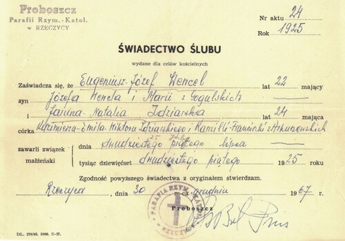 Świadectwo ślubu Eugeniusza Józefa Wencla i Janiny Natalii z d. Zdziarskiej, związek małżeński zawarty został 25 lipca 1925 r. (z zasobu AIPN)