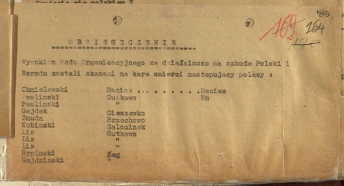 Obwieszczenie Polski Podziemnej II Konspiracji informujące o wydaniu wyroków śmierci na kolaborantów Rosjan za działalność „na szkodę Polski i Narodu”. Wśród skazanych jest tu wymieniony m.in. „Rypiński” z Łęgu. Dokument z przejętego przez komunistyczne służby terroru archiwum 11. Grupy Operacyjnej NSZ (z zasobu AIPN)