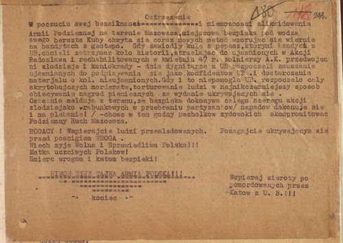 Ulotka II Konspiracji o zmianach sposobu postępowania kolaborantów Rosjan w pierwszych latach okupacji sowieckiej na Mazowszu. Wymieniony tu, jako kierujący podówczas falą skrytobójczych mordów, „Kuba” to Jakub Krajewski. Dokument z przejętego przez komunistyczne służby terroru archiwum 11. Grupy Operacyjnej NSZ (z zasobu AIPN)
